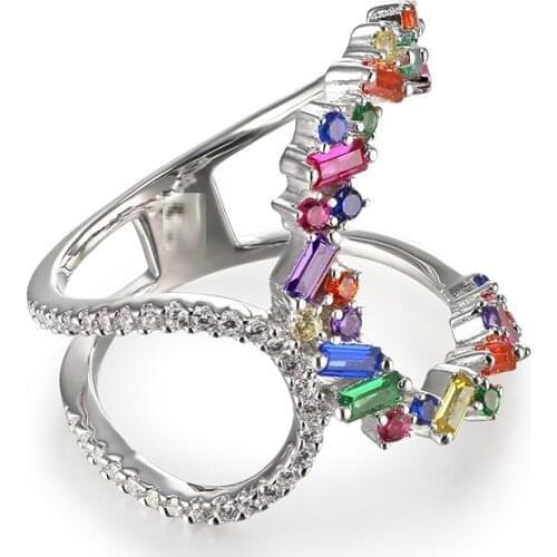 Colorful cz finger ring style Fashion baguette rainbow ring silver color sparking bling colorful stone ring jewelry for wedding