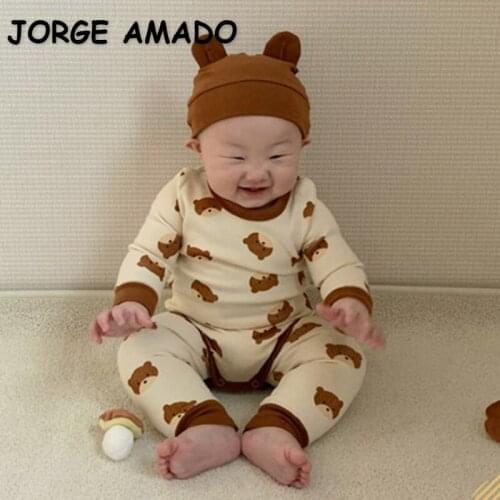 2021 New Autumn Kids Girls Boys Pajamas 3-pcs Sets Long Sleeves Cartoon Bear Dog Bodysuit + Pants + Cap Toddler Clothes E6610