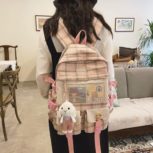Summer New Fashion Women Backbags Cute Plaid School Bag For Girls Canvas Large Capacity Backpack With Many Pockets Scoolbag 2021