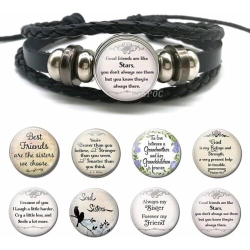 Good Friends Are Like Stars Inspirational Bible Verse Quote Bracelet Glass Dome Jewelry Black Leather Bangle Soul Sisters Gift