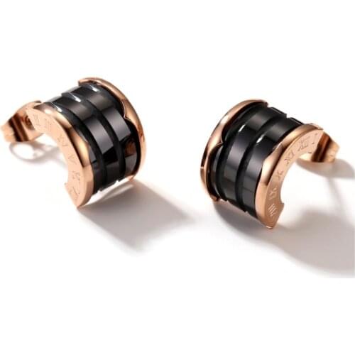 Korean version of the half circle drill C-shaped Ceramic roman alphabet earring super flash titanium steel rose gold hypoallerge