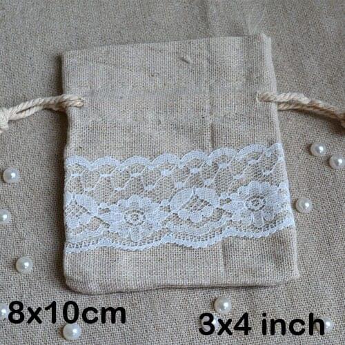 Lace Linen Gift Packaging Pouch 8x10cm(3"x4") pack of 100 Baby Shower Birthday Wedding Party Candy Jute Drawstring Bag