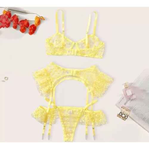 Fashion Sexy Woman Transparent Bra Set Lenceria Mesh Push-up Underwear Thong Set Womens Sexy Underwear 3-piece Set