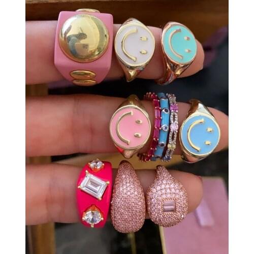 Neon Enamel Colorful Summer Fashion Jewelry Gold Color Happy Smile Face Women Finger Ring Adjustable