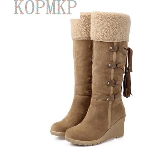 2020 New Style Women Mid-calf Boots Round Toe Wedges Heel boots Fashion Turned-over Edge Lace-up Boots Plus Size 43 De Mujer