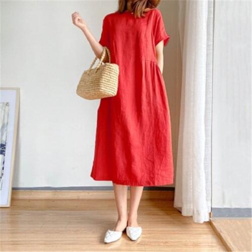 Cotton and linen simple art dress in large size female summer 2021 new loose meat block solid color medium long skirt