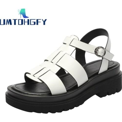White Womens Shoes Sandals Flat Genuel Leather Leisure Magic Stickers Anti-Slip Thick Bottom Beach Shoes 2021 Spring Summer New
