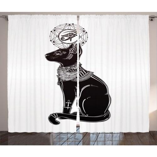 Egypt Cat Curtains Egyptian Animal Motif Satin Fabric Drapes for Living Room Bedroom 2 Panel Window Set