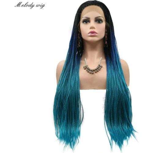 Melody Synthetic Lace Front Wigs Black Roots To Dark/Light Blue Long Braided Box Braids for Women Natural Looking Drag Queen Wig
