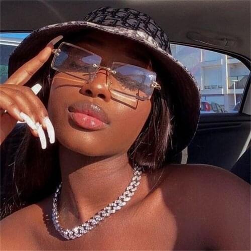 Womens Frameless Square Sunglasses Retro Designer Shades Traveling Beach Sun Glasses Female Clear Rectangle Rimless Sunnies