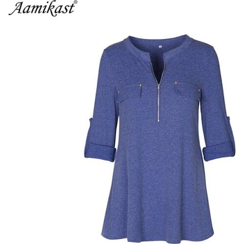 Amika Casual T Shirt Women Roll Up Sleeve V Neck Tops Women Button Pleated Loose Knitted Tunic Shirt Female T-shirt Long Sleeve