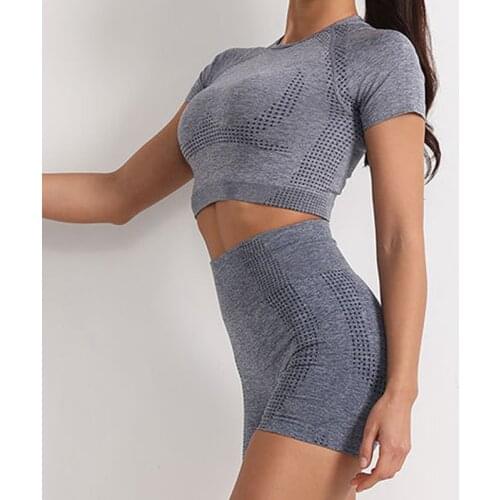 ASHEYWR Women Sports Suit Fitness Short Sleeve Tops High Elastic Waist Legging Breathable Workout Gym Female Sportswear Sets