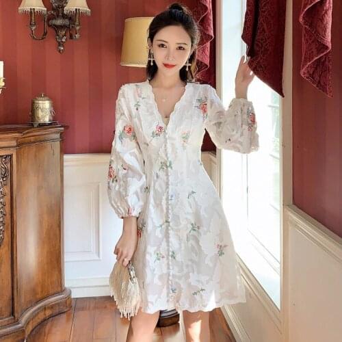 New Fashion 2020 Women Voile Summer Dress V-neck Lantern Sleeve Floral Embroidery White Dress Lace Hollow Out Elegant Mini Dress