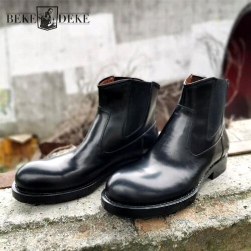 Brand Classic Chelsea Boots Men Handmade Slip-On Round Toe Motorcycle Boots Cowhide Genuine Leather High Top Shoes Cowboy Boots