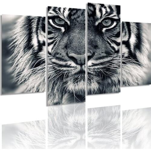 Black and White Siberian Tiger 4 Panels Canvas Painting HD Poster Wall Art Print Picture Living Room Interior Home Decor Frame