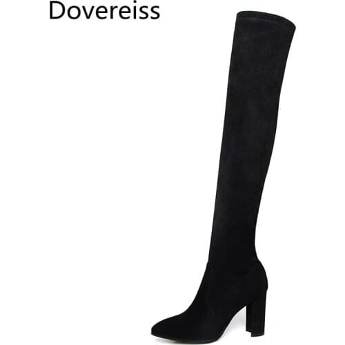 Dovereiss Fashion Womens Shoes Winter New White Pointed Toe Sexy Elegant Chunky heels Over the knee boots Concise Mature 34-39