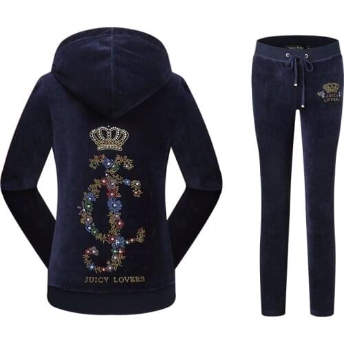 Juicy Lovers Brand Flower Velvet Women Sporting Suits Outdoor Jogging Tracksuits Hooded Collar Slim Casual Sportswear suits