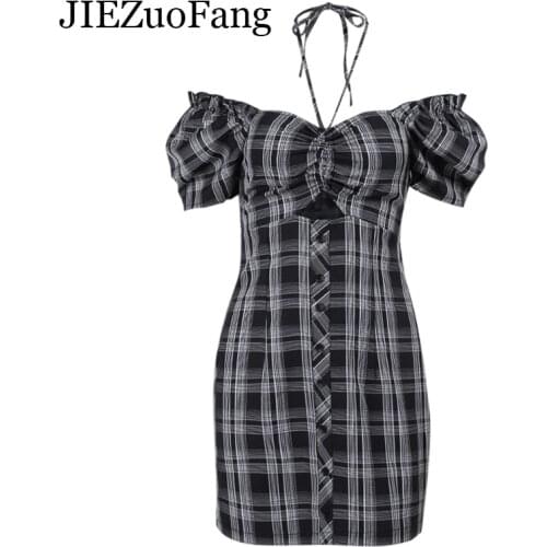 JIEZuoFang 2021 Summer French Women Dresses Black Gray Vintage Halter Sexy Hollow Out Female Gothic High Waist Mini Dress Party