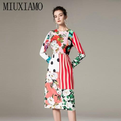 MIUXIMAO 2021 Spring Summer Newest Cute Dot Flower Stripe Print O-Neck Elegant Long Sleeve Casual Dress Women Vestidos