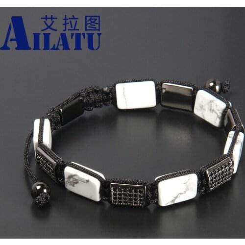 Fashion Natural White Howlite Square Stone Beads Macrame Bracelet CZ Trendy Jewelry Drop Shipping with Logo Name Engrave