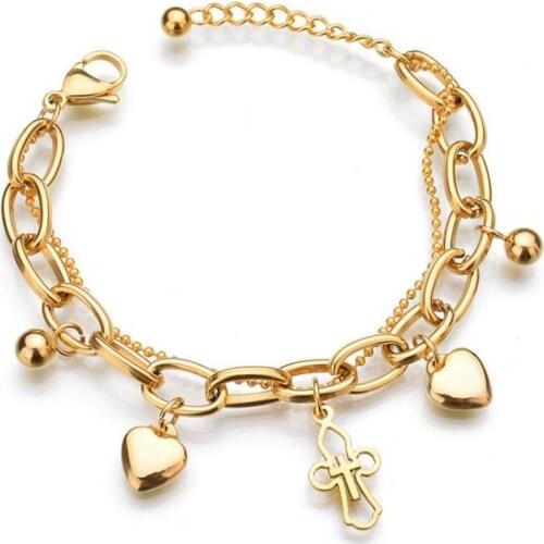 Fashion Jewelry Gold Color Stainless Steel Link Chain Cross Heart Pendant Bracelet Multilayer Stretch Charm Bracelet