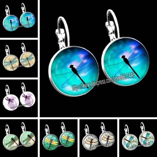Fashion Dragonfly Pattern Glass Cabochon Stud Earrings Gifts for Women Girls Retro Handmade Insect Jewelry