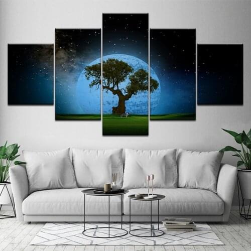 Modular Canvas HD Print Pictures Wall Art 5 Pieces Tree Moon And Dog Painting Alone Night Starry Sky Poster Home Decor Framework
