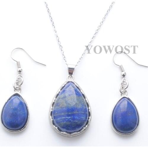 New Arrivals Jewellery Set Women Love Gift Earrings Dangle Pendant Lapis Lazuli Natural Stone Teardrop Bead Chain 45cm QQ3086