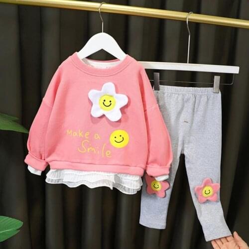 Girl New Spring Suit 2Pcs Pullover Blouse Bottoming Trousers Set Cartoon Smiley Flower Sweater Pants Outfit Kid Children Clothes