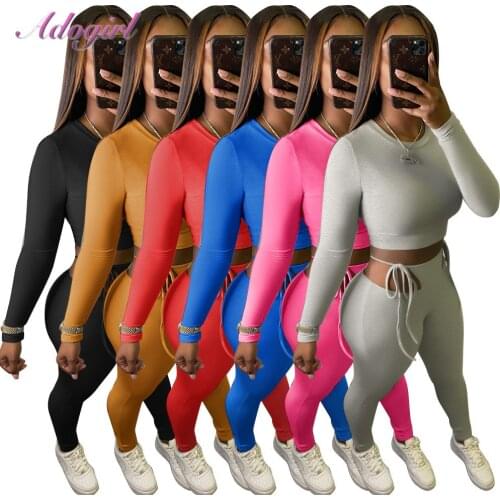 Plain Color Women Two Piece Set Casual Long Sleeve Bandage Crop Tops Sweatshirt Jogger Legging Pants Suit Outfit Sport Tracksuit