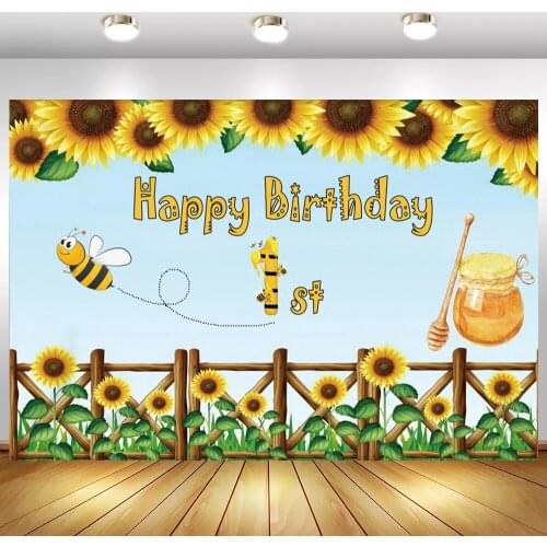 Sunflowers Blue Sky Newborn Baby 1st Birthday Photo Background Yellow Bee Wood Fence Baby Shower Backdrop Photography Custom