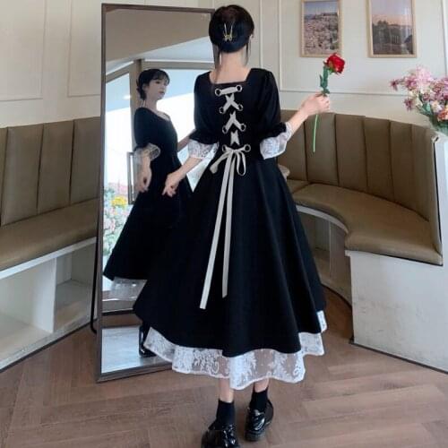 Simple Black Summer Dress For Womens 2021 New Short Sleeve French Fashion Design Lace Stitching Elegant Dress Lady Trend aq562
