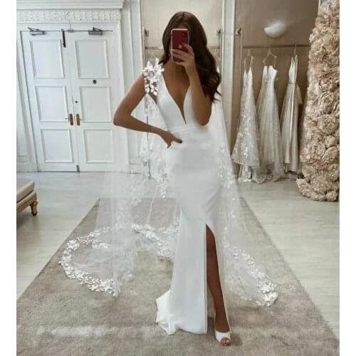 Sexy Long V-Neck Mermaid Lace Wedding Dresses with Slit Custom White Satin Floor Length V Back Bridal Gowns for Women
