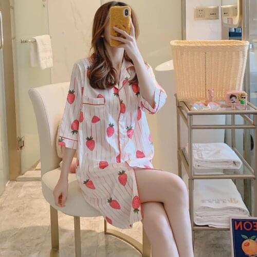 Ice Satins Silk Nightgowns Women Fashion Korea Sweet Cute Strawberry Nightwear Sleepdress Long Sleeves Home Sleepwear for Women