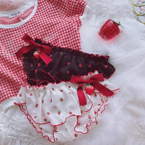 Japanese Girl Chiffon Ruffled Girl Triangle Panties Cartoon Printed Chiffon Strawberry Decoration Lolita Underwear Accessories