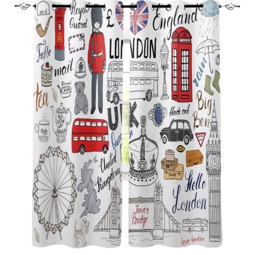 British London Culture Cartoon Doodle Blackout Curtain for The Bedroom Living Room Kitchen Curtain Panel Study Blackout Curtain