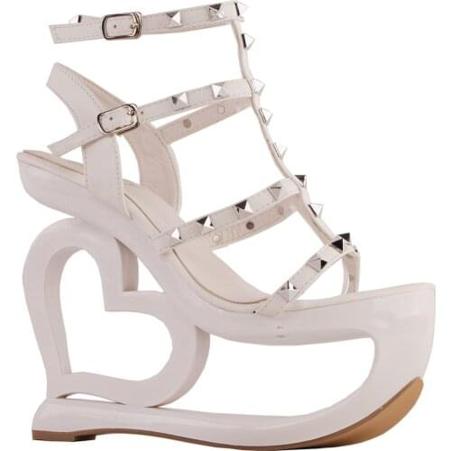 LF40219 SHOW STORY Punk Rockabilly Spikes Strappy Heart Heel Wedge Evening Sandals
