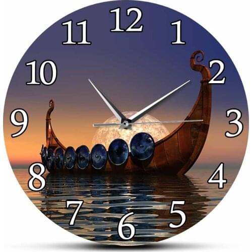 Viking Boat Drakkar Model Boat Silent Quartz Wall Clock Nordic Landscape Longship Fine Art Printed Clock Scandinavian Home Décor