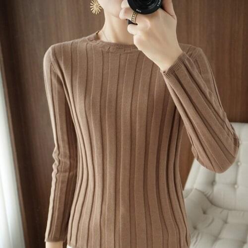 Round Neck Pure Cotton Knit Pullover Sweater Womens 2021 Autumn Winter New Wide Bar High Elasticity Slim All-Match Bottom Shirt