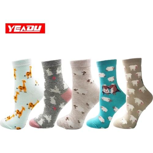 YEADU 5 Pairs/lot Multicolor Cute Cotton Womens Socks Funny Cartoon Sheep Rabbit Giraffe Japan Style Christmas Sock for Girl