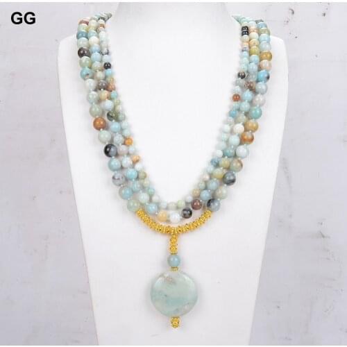 GuaiGuai Jewelry 20" 3 Strands Natural Amazonite Pendant Necklace