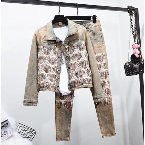 2020 new womens jacket Thai tide brand embroidered sequins denim shirt hot stamping denim pants two sets