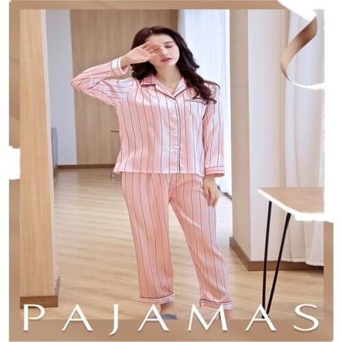 Womens Rayon Silk Pajamas Sex Stripe Sleepwear Set Top Women Pink Pajama Set 2Piece/Set Long Sleeve Shirt Pants Home Lingerie