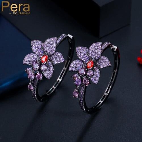Pera Romantic Flower Shape Purple Red CZ Zircon Black Gold Tassel Waterdrop Big Circle Hoop Earring for Ladies Prom Jewelry E672