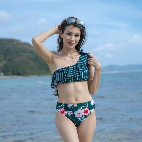 Floral Ruffled Hem Bikini Set Women Flora V-neck High-waisted Two Piece Swimsuit 2020 Beach Bathing Suit Swimwear Girl Bqiuinis