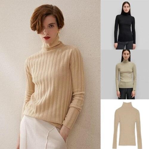 Women Sweater 2021 Wool Cashmere and Silk Blend Knit Turtleneck Rib Long Sleeve Base Shirt