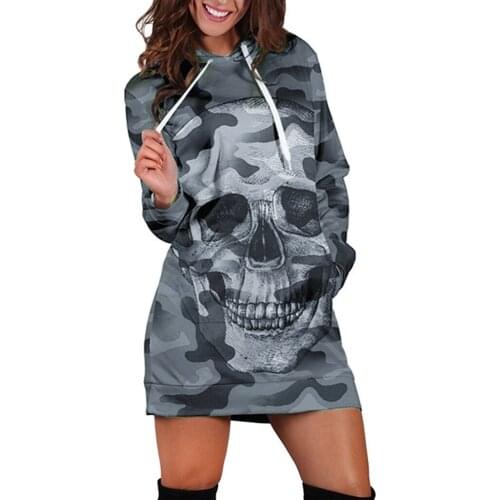 Women Hoodies Dress Long Sleeve Casual Hooded Skull Print Mini Camouflag Hooded Autumn Pullover Oversized Hoodies Sudaderas 2021