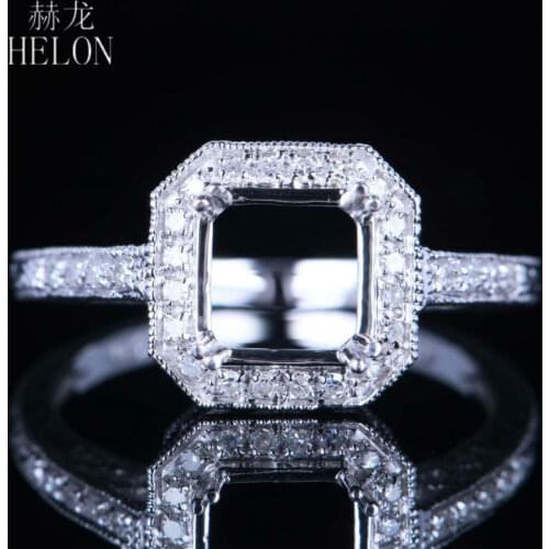 HELON Cushion Cut 7x7mm Solid 14k White Gold (AU585) Ladies VintageTrendy Fine Jewely Natural Diamond Semi Mount Ring