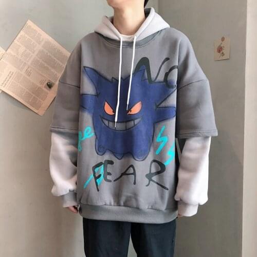 2021 Winter Mens Cartoon Printing Pullover False Two Piece Coat Lovers Clothes Hoodies Cotton Loose Casual Clothes Sweatshirts