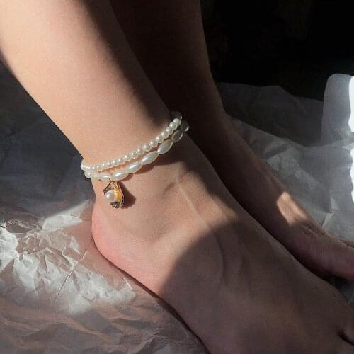 Bohemia Simple Geometric Scallop Pendant Anklets Handmade Freshwater Pearl Beaded Ankle Anklets Bracelet For Women Foot Jewelry